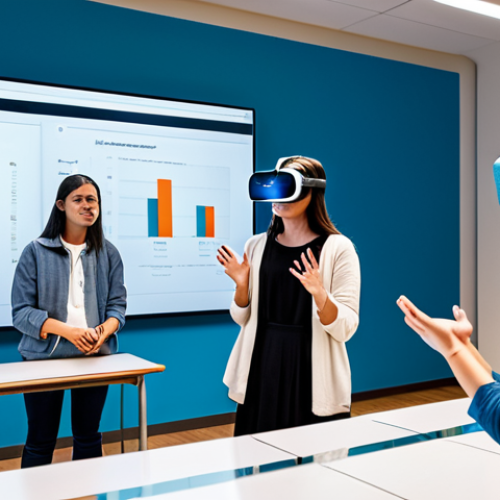 Home 14 A diverse group of young adult students, fully clothed in modest, appropriate attire, actively collaborating in a futuristic immersive learning lab. One student wears a sleek VR headset, deeply engaged in a virtual environment, while another interacts with an augmented reality overlay on a transparent tabletop display. A third student is in discussion with a teacher, professionally dressed, pointing at an interactive screen displaying learning metrics. The lab is brightly lit, with clean lines, high-tech furniture, and dynamic holographic projections in the background. The scene emphasizes student engagement and user-centric design in education. Perfect anatomy, correct proportions, natural poses, well-formed hands, proper finger count, natural body proportions, safe for work, appropriate content, family-friendly, professional photography, cinematic lighting, ultra-detailed.