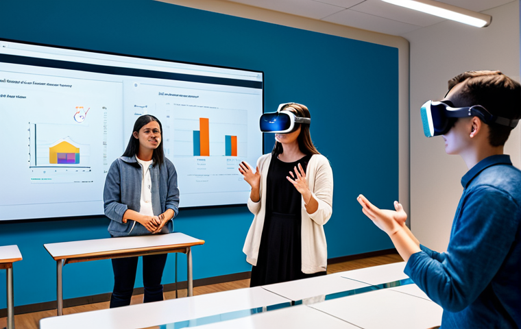 A diverse group of young adult students, fully clothed in modest, appropriate attire, actively collaborating in a futuristic immersive learning lab. One student wears a sleek VR headset, deeply engaged in a virtual environment, while another interacts with an augmented reality overlay on a transparent tabletop display. A third student is in discussion with a teacher, professionally dressed, pointing at an interactive screen displaying learning metrics. The lab is brightly lit, with clean lines, high-tech furniture, and dynamic holographic projections in the background. The scene emphasizes student engagement and user-centric design in education. Perfect anatomy, correct proportions, natural poses, well-formed hands, proper finger count, natural body proportions, safe for work, appropriate content, family-friendly, professional photography, cinematic lighting, ultra-detailed.