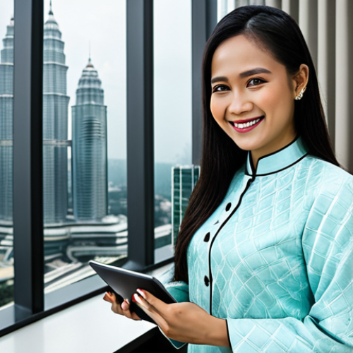 Home 7 **
A professional Malaysian businesswoman wearing a baju kurung in a modern office setting in Kuala Lumpur. The office has large windows with a view of the Petronas Twin Towers. She is smiling and holding a tablet, appearing confident and successful. Fully clothed, appropriate attire, safe for work, perfect anatomy, natural proportions, professional photography, high quality.
**