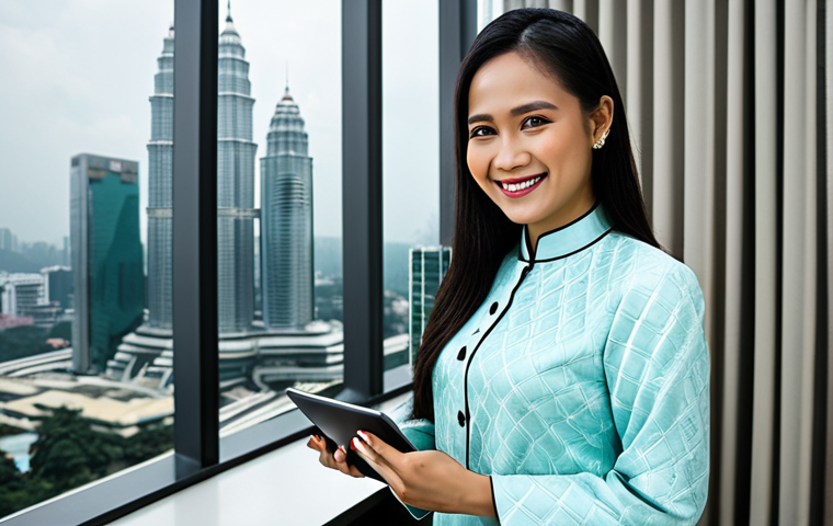 **

A professional Malaysian businesswoman wearing a baju kurung in a modern office setting in Kuala Lumpur. The office has large windows with a view of the Petronas Twin Towers. She is smiling and holding a tablet, appearing confident and successful. Fully clothed, appropriate attire, safe for work, perfect anatomy, natural proportions, professional photography, high quality.

**